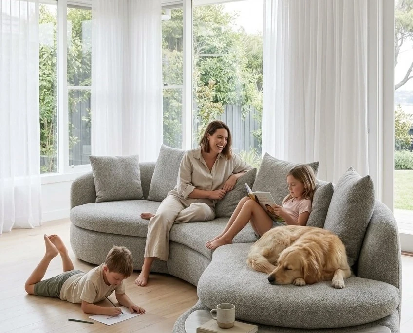 Family relaxing on a Modula modular sofa